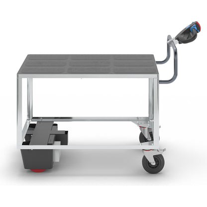Assembly trolley with electric drive, 1 shelf made of plastic, LxWxH 1670 x 800 x 1300 mm, zinc plated.