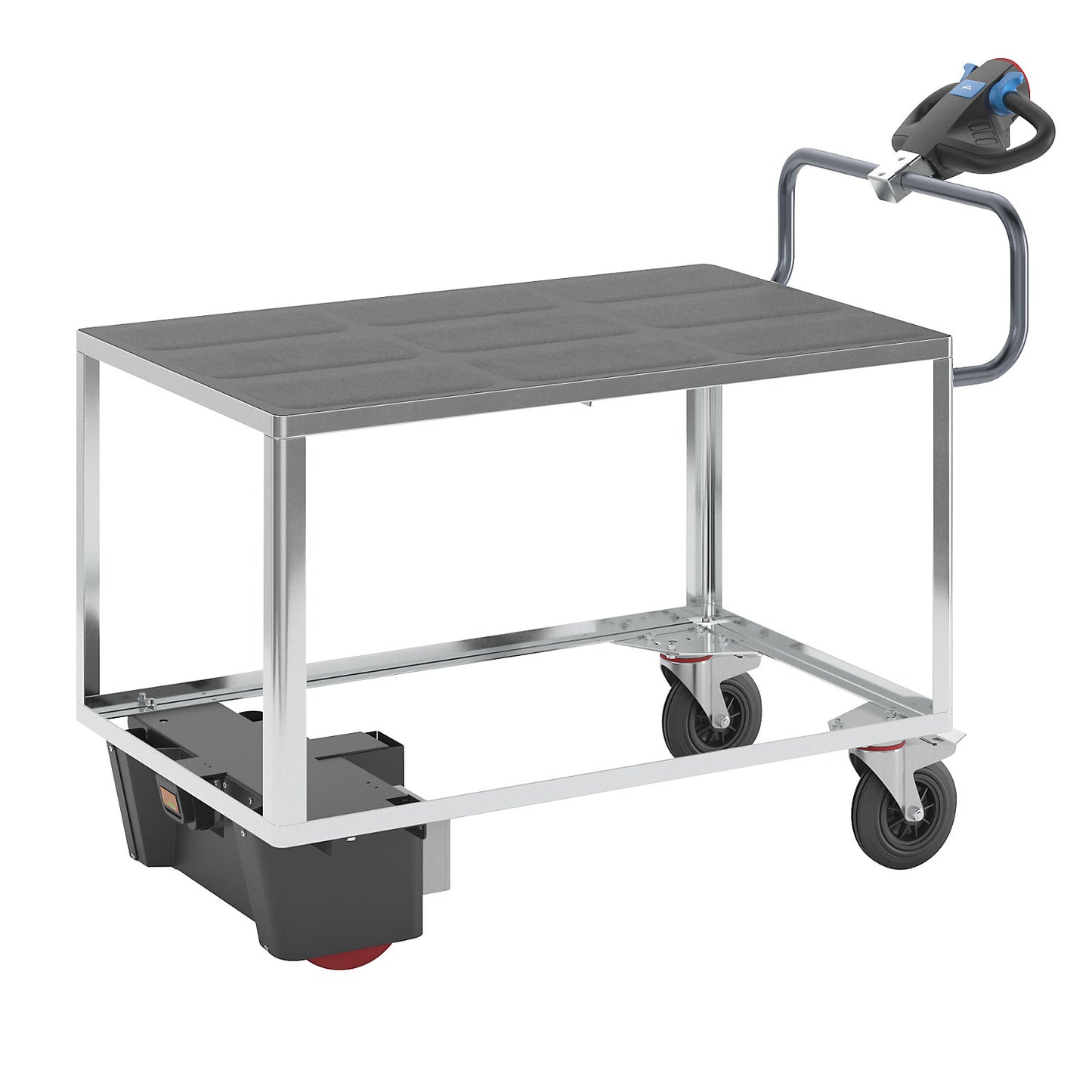 Assembly trolley with electric drive, 1 shelf made of plastic, LxWxH 1670 x 800 x 1300 mm, zinc plated.