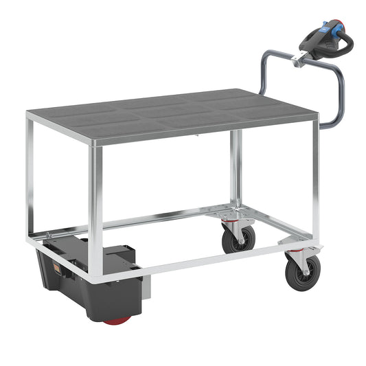 Assembly trolley with electric drive, 1 shelf made of plastic, LxWxH 1670 x 800 x 1300 mm, zinc plated.