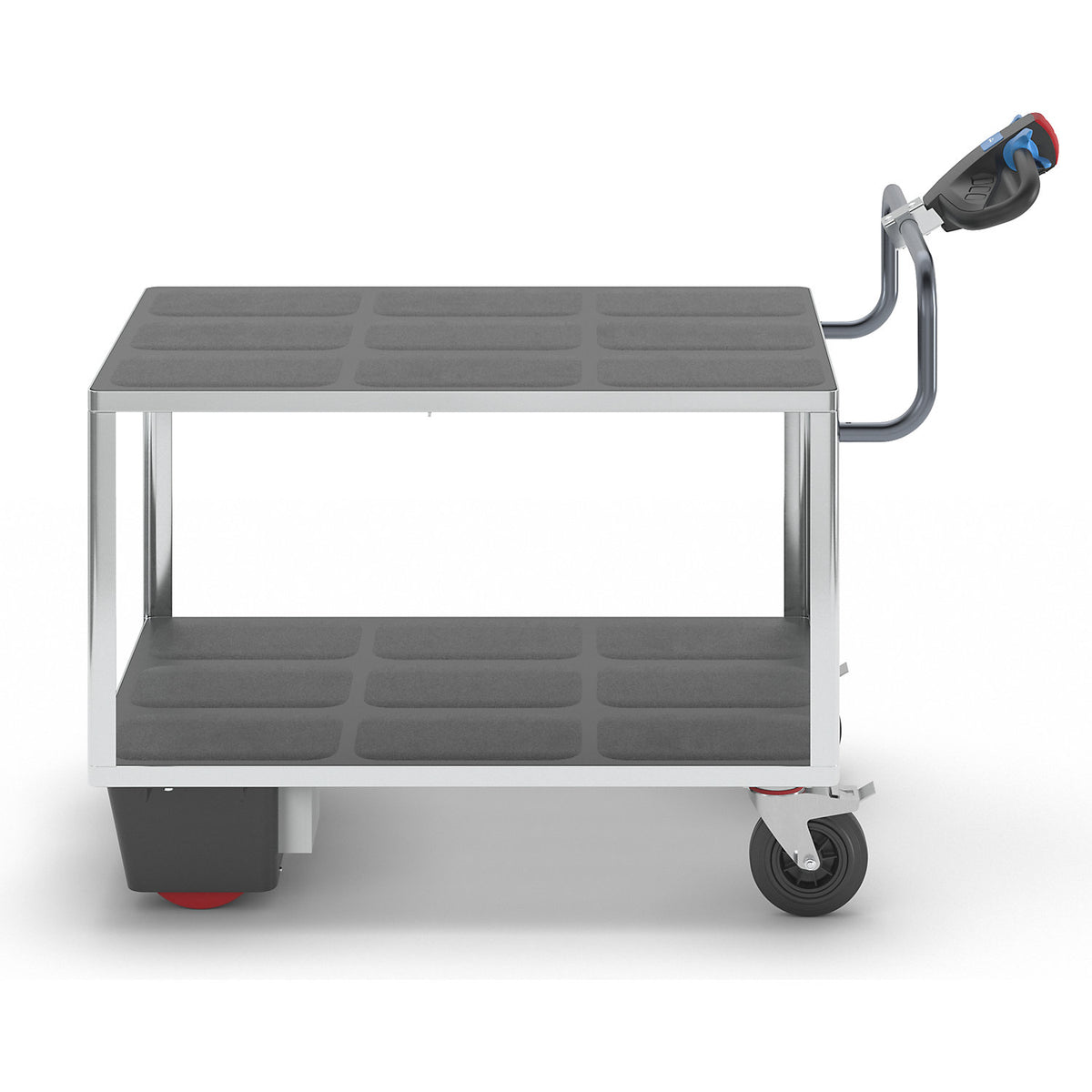 Assembly trolley with electric drive, 2 shelves made of plastic, LxWxH 1670 x 800 x 1300 mm, zinc plated.