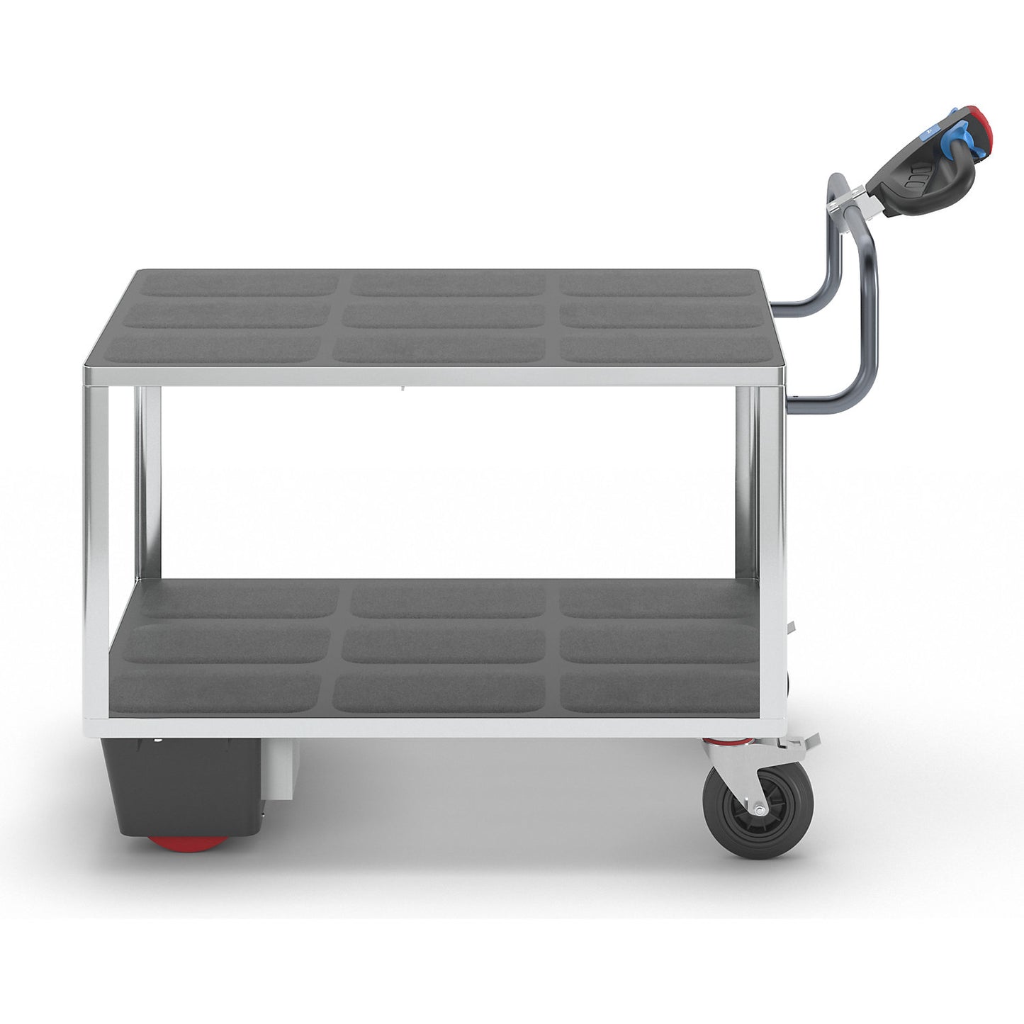 Assembly trolley with electric drive, 2 shelves made of plastic, LxWxH 1670 x 800 x 1300 mm, zinc plated.