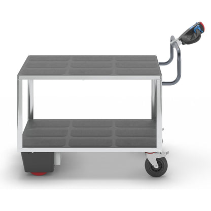 Assembly trolley with electric drive, 2 shelves made of plastic, LxWxH 1670 x 800 x 1300 mm, zinc plated.