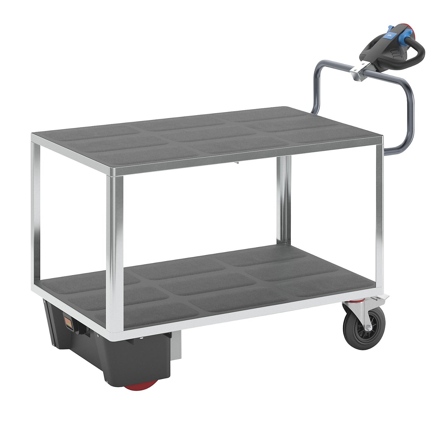 Assembly trolley with electric drive, 2 shelves made of plastic, LxWxH 1670 x 800 x 1300 mm, zinc plated.