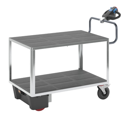 Assembly trolley with electric drive, 2 shelves made of plastic, LxWxH 1670 x 800 x 1300 mm, zinc plated.
