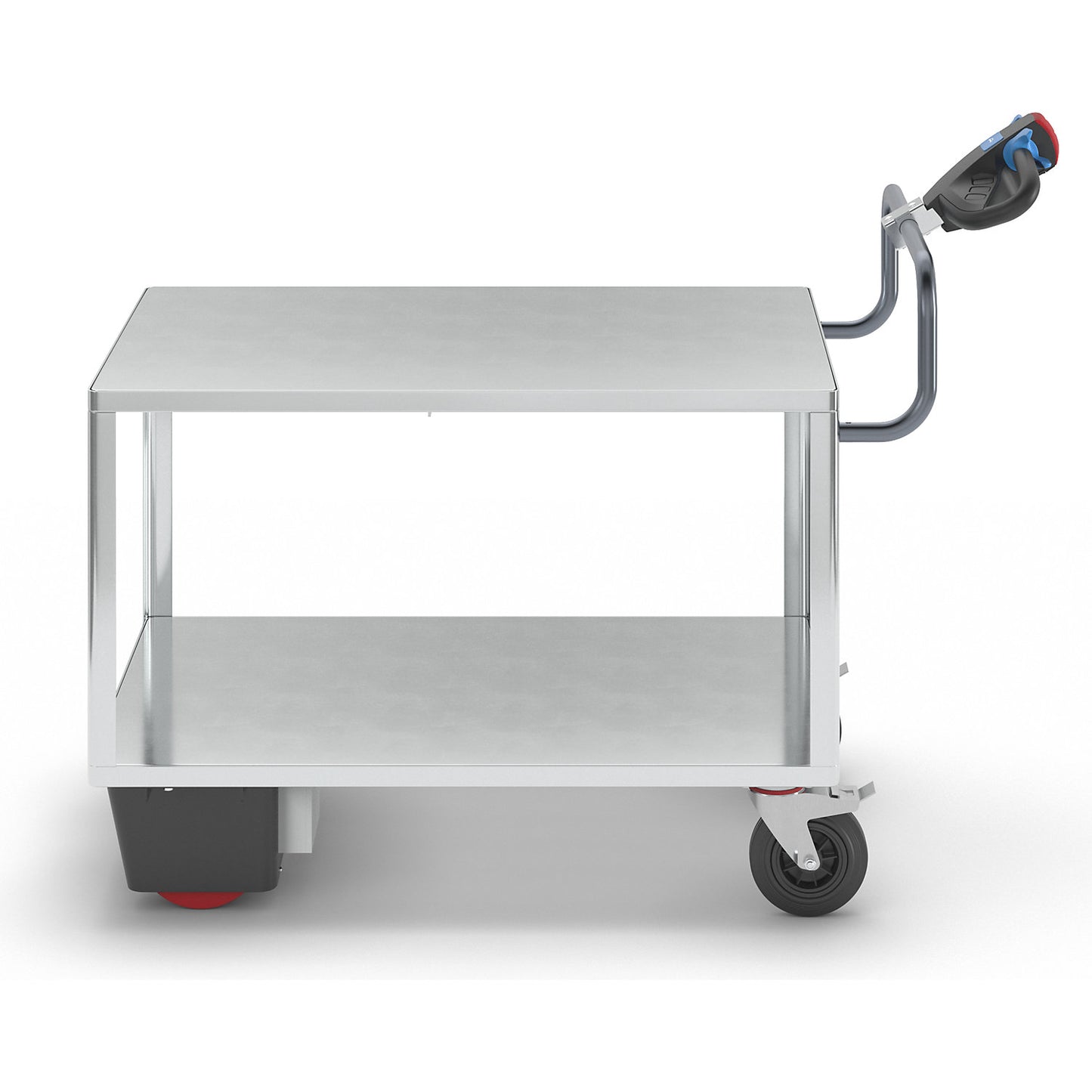 Assembly trolley with electric drive, 2 zinc plated shelves, LxWxH 1670 x 800 x 1300 mm, zinc plated.