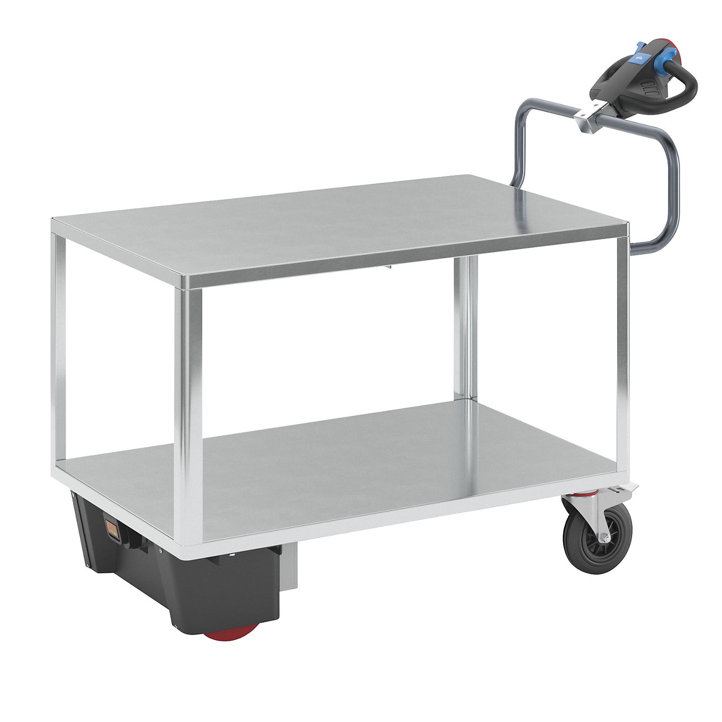 Assembly trolley with electric drive, 2 zinc plated shelves, LxWxH 1670 x 800 x 1300 mm, zinc plated.