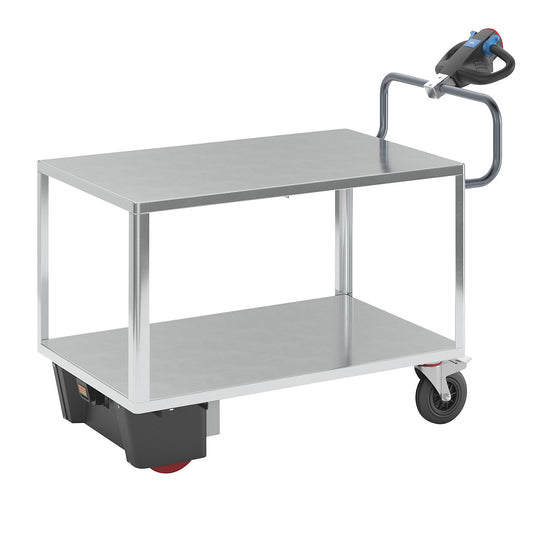 Assembly trolley with electric drive, 2 zinc plated shelves, LxWxH 1670 x 800 x 1300 mm, zinc plated.