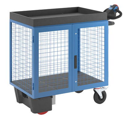 Cupboard trolley with electric drive, wire mesh with doors, LxWxH 1460 x 750 x 1200 mm.