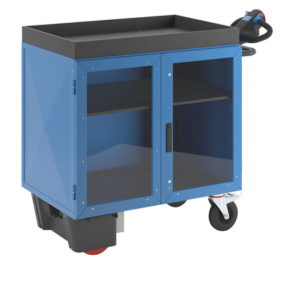 Cupboard trolley with electric drive, sheet steel with doors, LxWxH 1430 x 750 x 1200 mm.