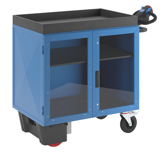 Cupboard trolley with electric drive, sheet steel with doors, LxWxH 1430 x 750 x 1200 mm.