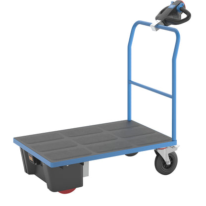 Platform truck with electric drive, tubular push handle, LxWxH 1370 x 700 x 1300 mm, solid rubber tyres.