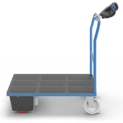 Platform truck with electric drive, tubular push handle, LxWxH 1370 x 700 x 1300 mm, nylon tyres.