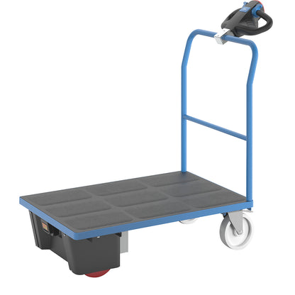 Platform truck with electric drive, tubular push handle, LxWxH 1370 x 700 x 1300 mm, nylon tyres.