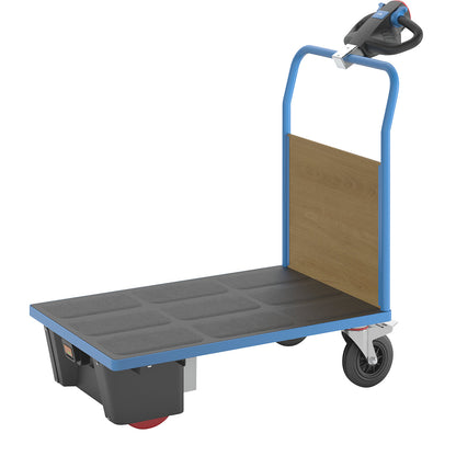 Platform truck with electric drive, 1 MDF end panel, LxWxH 1370 x 700 x 1300 mm.
