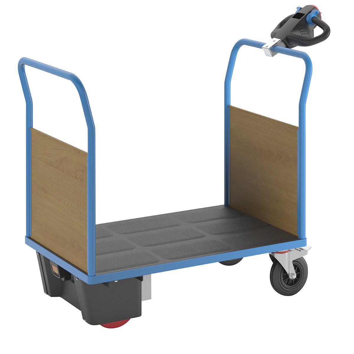 Platform truck with electric drive, 2 MDF end panels, LxWxH 1420 x 700 x 1300 mm.