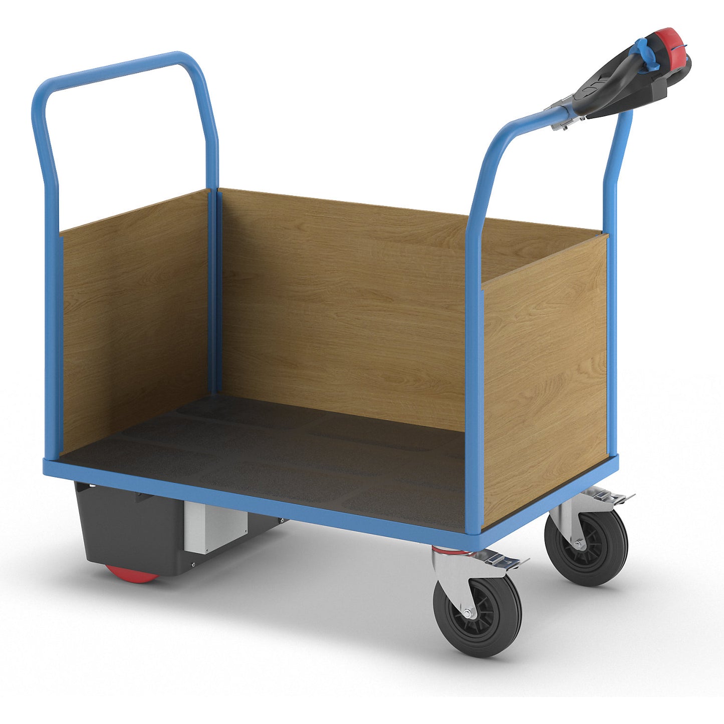 Platform truck with electric drive, 3 high MDF panels, LxWxH 1420 x 700 x 1300 mm.