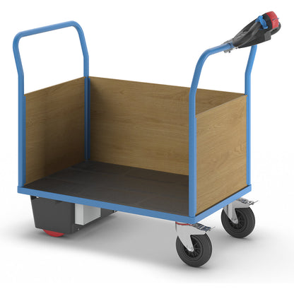 Platform truck with electric drive, 3 high MDF panels, LxWxH 1420 x 700 x 1300 mm.