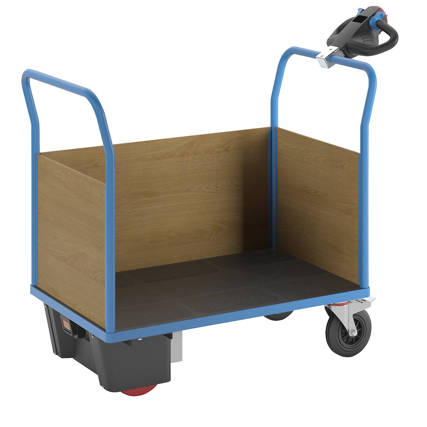 Platform truck with electric drive, 3 high MDF panels, LxWxH 1420 x 700 x 1300 mm.