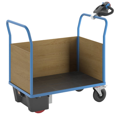 Platform truck with electric drive, 3 high MDF panels, LxWxH 1420 x 700 x 1300 mm.