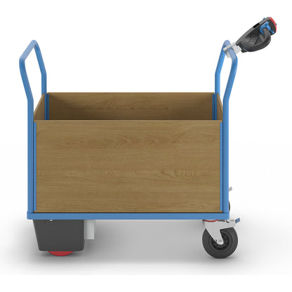 Platform truck with electric drive, 4 high MDF panels, LxWxH 1420 x 700 x 1300 mm.