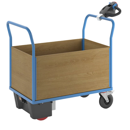 Platform truck with electric drive, 4 high MDF panels, LxWxH 1420 x 700 x 1300 mm.
