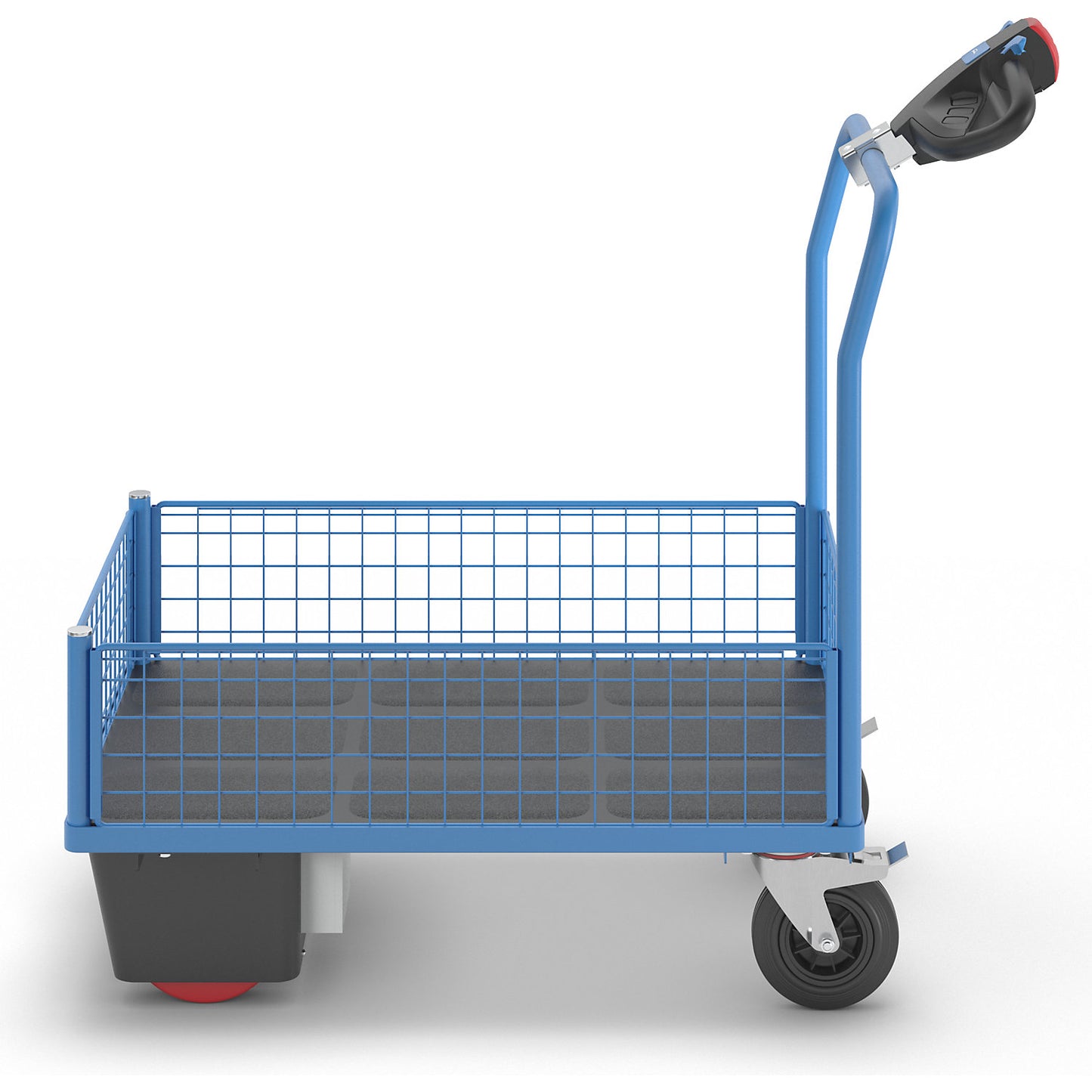 Platform truck with electric drive, 4 half height mesh panels, LxWxH 1370 x 700 x 1300 mm.