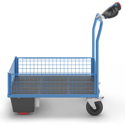 Platform truck with electric drive, 4 half height mesh panels, LxWxH 1370 x 700 x 1300 mm.