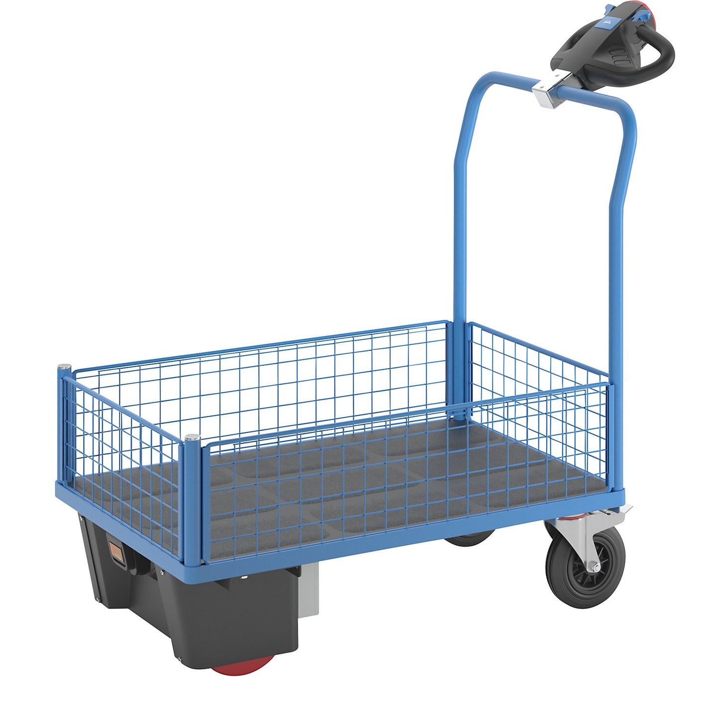 Platform truck with electric drive, 4 half height mesh panels, LxWxH 1370 x 700 x 1300 mm.
