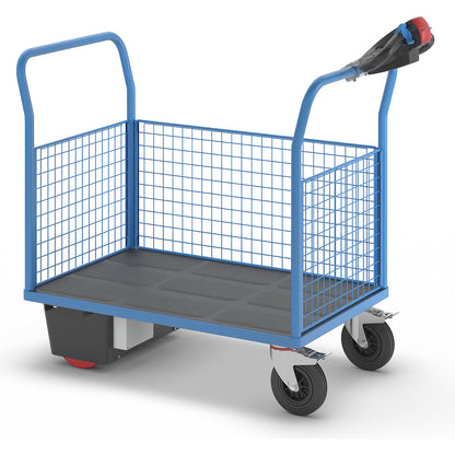 Platform truck with electric drive, 3 high mesh panels, LxWxH 1420 x 700 x 1300 mm.