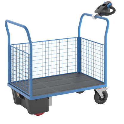 Platform truck with electric drive, 3 high mesh panels, LxWxH 1420 x 700 x 1300 mm.