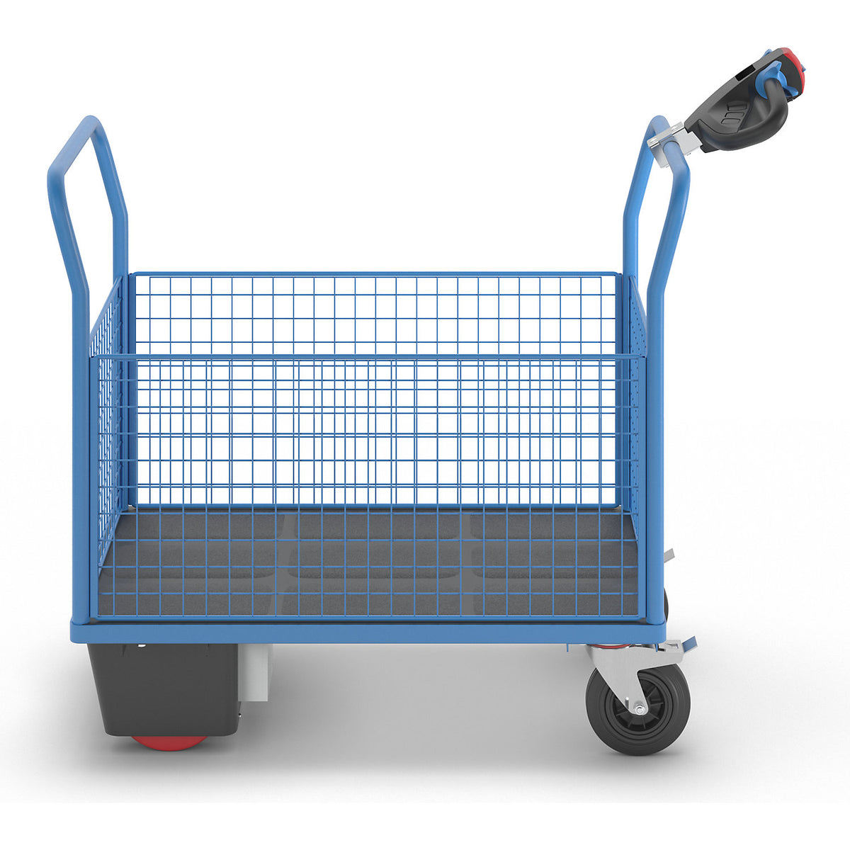 Platform truck with electric drive, 4 high mesh panels, LxWxH 1420 x 700 x 1300 mm.