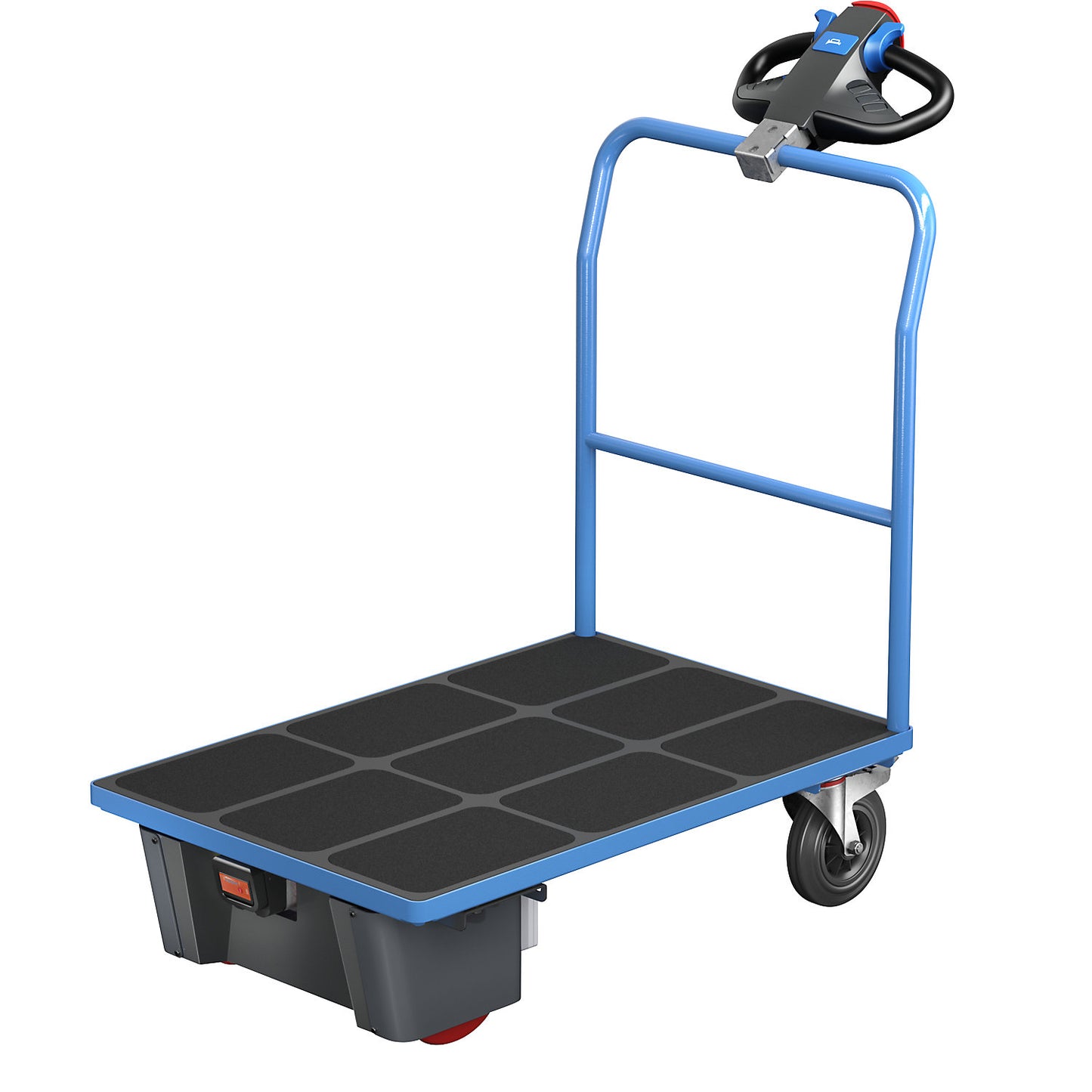Platform truck with electric drive, tubular push handle, LxWxH 1370 x 700 x 1300 mm, solid rubber tyres.