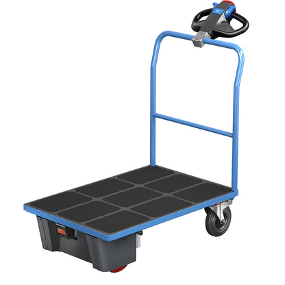 Platform truck with electric drive, tubular push handle, LxWxH 1370 x 700 x 1300 mm, solid rubber tyres.