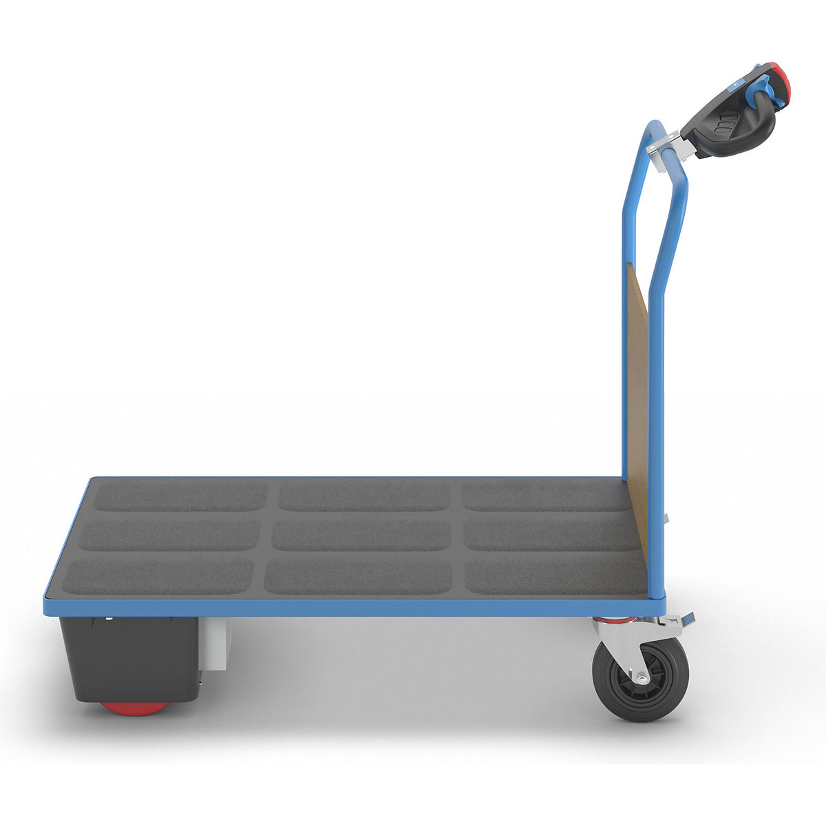 Platform truck with electric drive, 1 MDF end panel, LxWxH 1570 x 800 x 1300 mm.