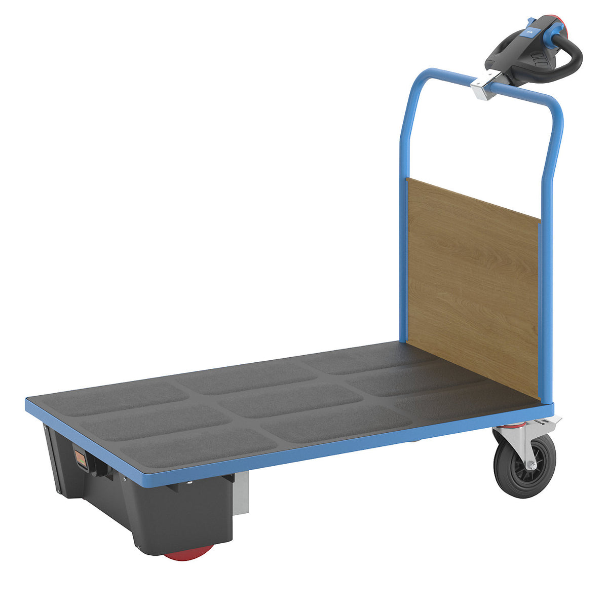 Platform truck with electric drive, 1 MDF end panel, LxWxH 1570 x 800 x 1300 mm.