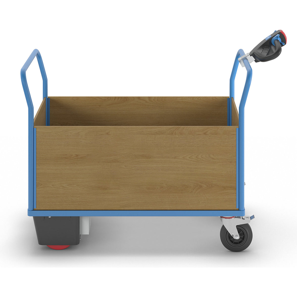 Platform truck with electric drive, 4 high MDF panels, LxWxH 1620 x 800 x 1300 mm.