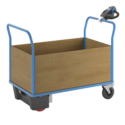 Platform truck with electric drive, 4 high MDF panels, LxWxH 1620 x 800 x 1300 mm.