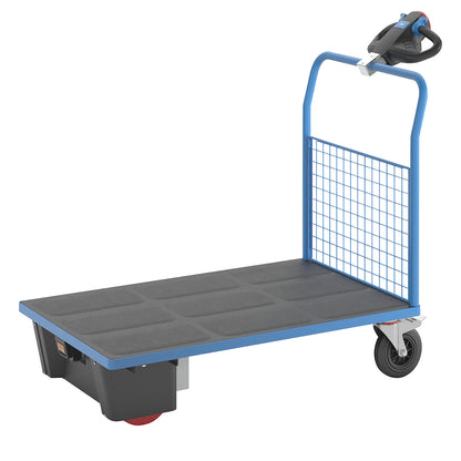 Platform truck with electric drive, 1 mesh end panel, LxWxH 1570 x 800 x 1300 mm.