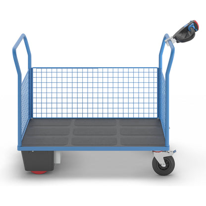 Platform truck with electric drive, 3 high mesh panels, LxWxH 1620 x 800 x 1300 mm.