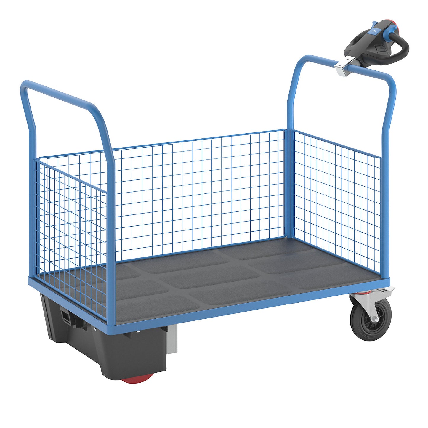 Platform truck with electric drive, 3 high mesh panels, LxWxH 1620 x 800 x 1300 mm.