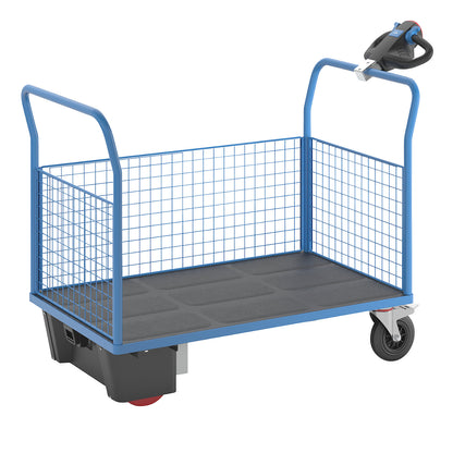 Platform truck with electric drive, 3 high mesh panels, LxWxH 1620 x 800 x 1300 mm.