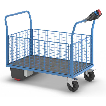 Platform truck with electric drive, 4 high mesh panels, LxWxH 1620 x 800 x 1300 mm.