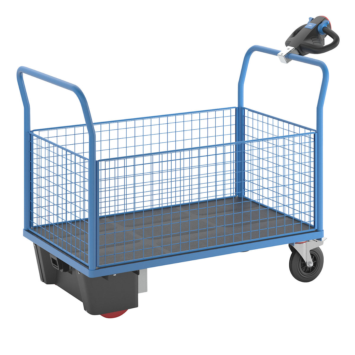 Platform truck with electric drive, 4 high mesh panels, LxWxH 1620 x 800 x 1300 mm.