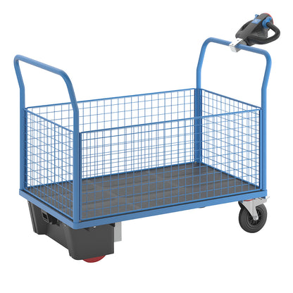 Platform truck with electric drive, 4 high mesh panels, LxWxH 1620 x 800 x 1300 mm.