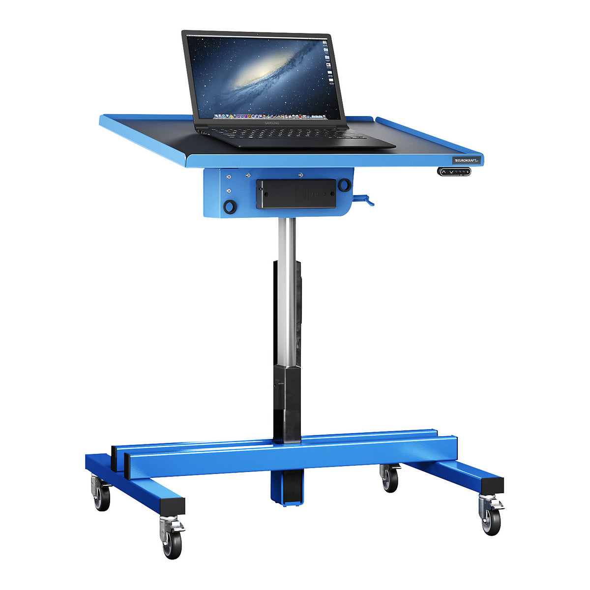 Electric material stand, height 770 - 1270 mm, platform LxW 600 x 400 mm, with tray.