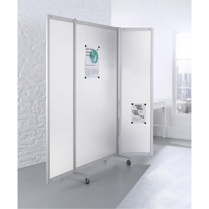 Mobile folding display panel, flame retardant, aluminium frame, magnetic board surface, HxWxD 1900 x 2000 x 450 mm, white.