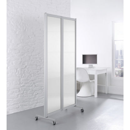 Mobile folding display panel, flame retardant, aluminium frame, magnetic board surface, HxWxD 1900 x 2000 x 450 mm, white.