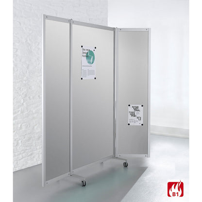Mobile folding display panel, flame retardant, aluminium frame, magnetic board surface, HxWxD 1900 x 2000 x 450 mm, silver.