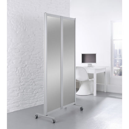 Mobile folding display panel, flame retardant, aluminium frame, magnetic board surface, HxWxD 1900 x 2000 x 450 mm, silver.