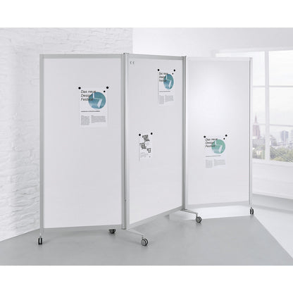 Mobile folding display panel, flame retardant, aluminium frame, magnetic board surface, HxWxD 1900 x 2800 x 450 mm, white.